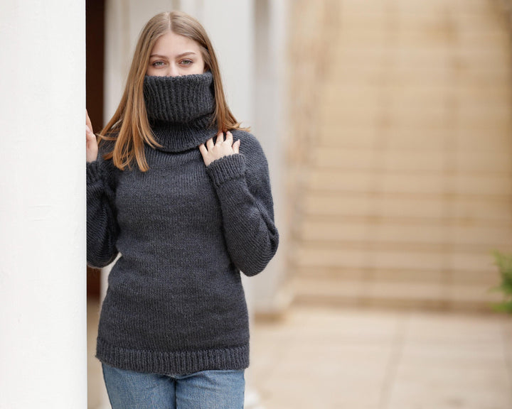 Gray Mohair Turtleneck Sweater – Hand-Knitted Soft Fluffy Pullover with Extra-Long 55 cm Neck T1379
