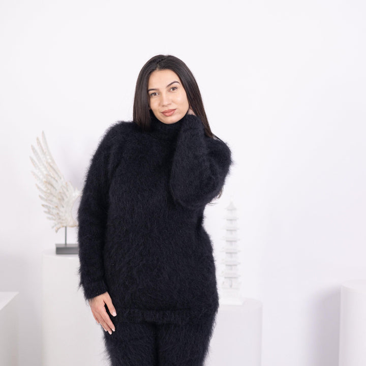 Black Mohair Turtleneck Sweater – Hand-Knitted Fluffy Soft Winter Pullover T1589