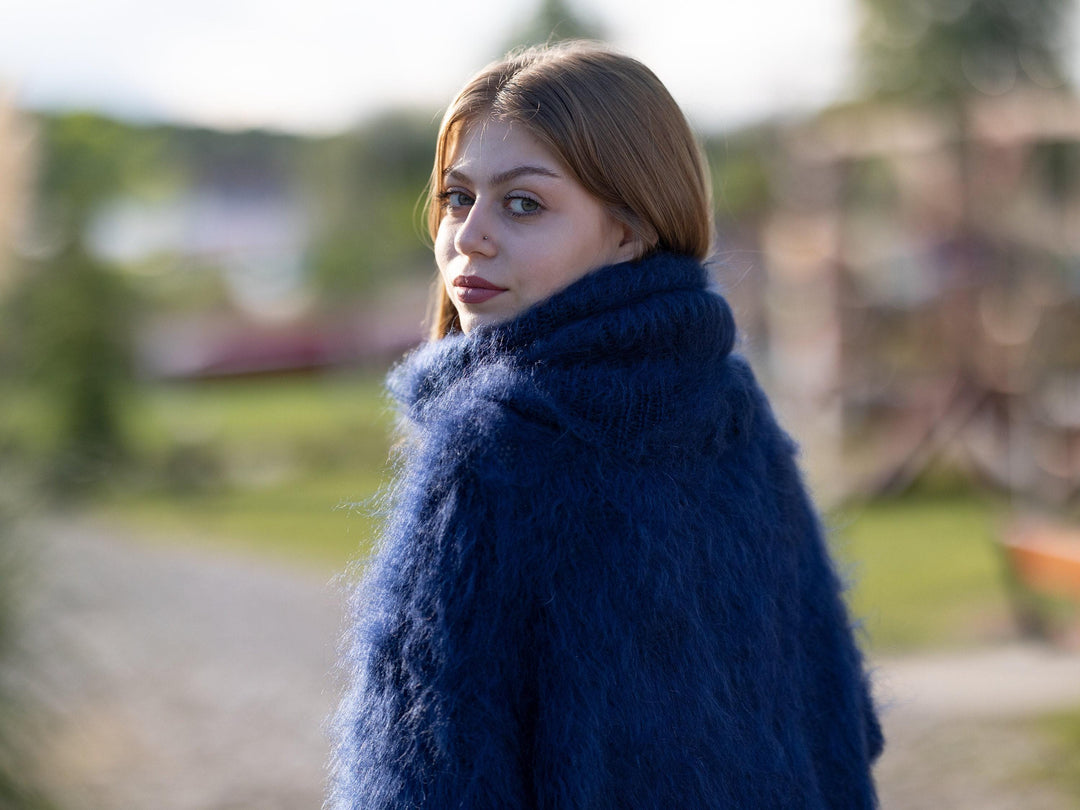Hand-Knitted Navy Blue Mohair Sweater – Extra-Long 55 cm Turtleneck Fluffy Fuzzy Jumper T1253