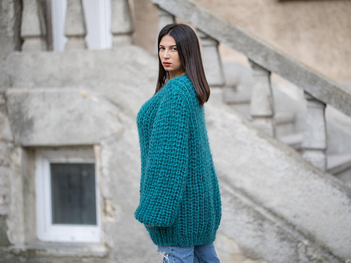 Green Mohair Sweater – Hand-Knitted Soft Crewneck Pullover T1154