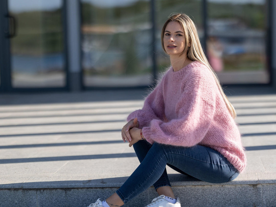 Hand Knitted Pink Mohair Sweater, Fluffy Soft See Through Jumper T1251
