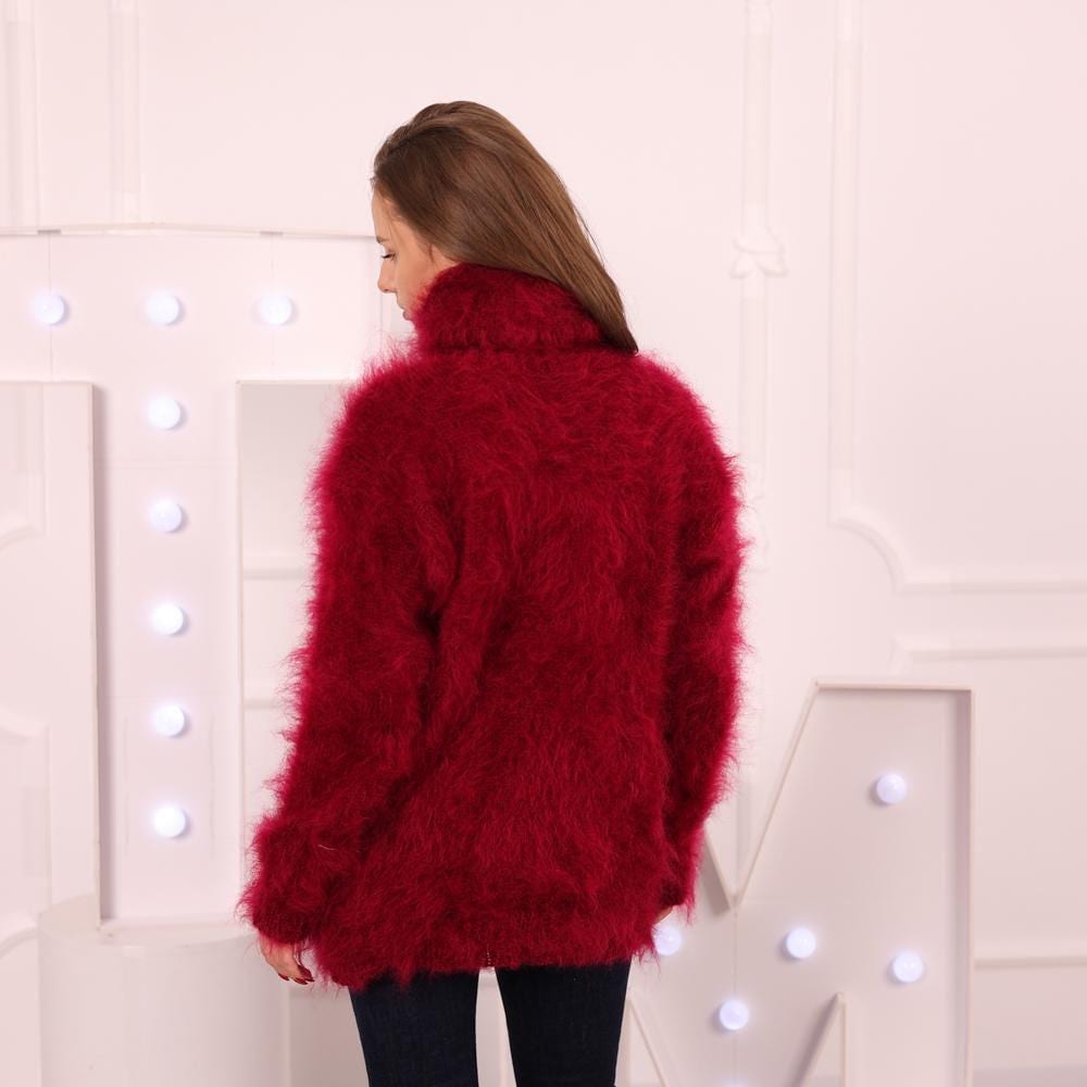Hand-Knitted Red Mohair Sweater – Fluffy Hairy Soft Oversized 55 cm Turtleneck Pullover T2021