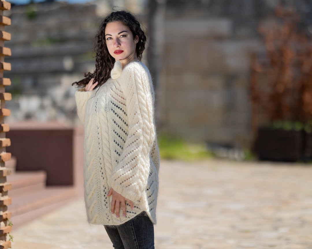 Lace and Cabled Mohair Sweater – Hand-Knitted Elegant Pullover T1425