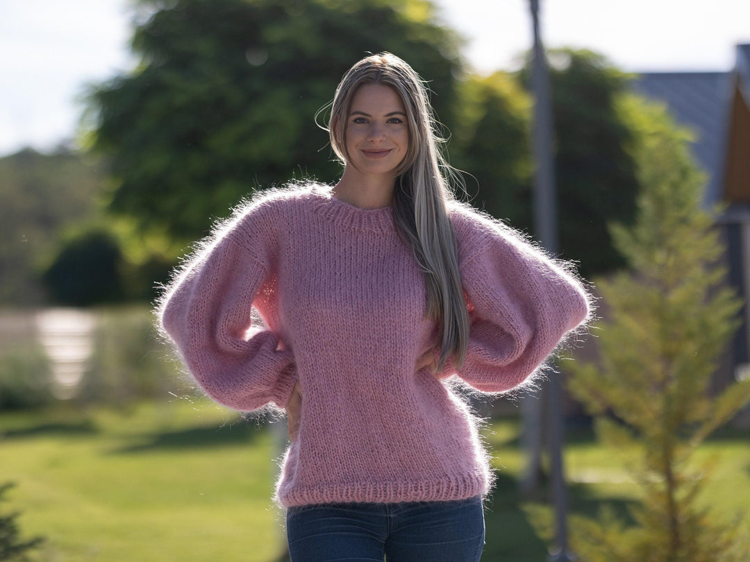 Hand Knitted Pink Mohair Sweater, Fluffy Soft See Through Jumper T1251