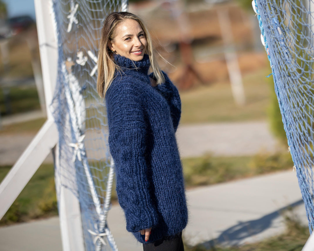 Navy Blue Mohair Sweater – Hand-Knitted Women’s Pullover T1298