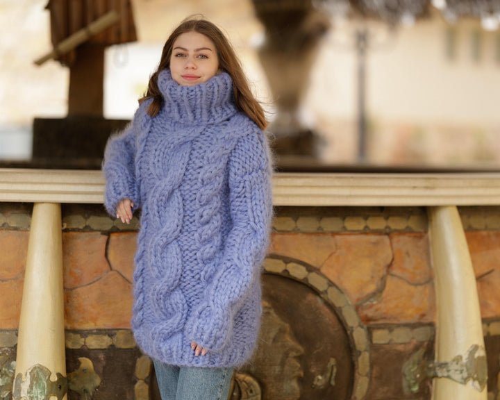 12-Strand Cabled Mohair Sweater – Hand-Knitted Huge Turtleneck Pullover T1372