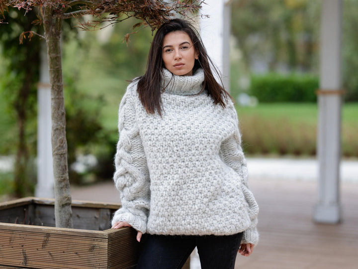 15-Strand Alpaca and Merino Wool Sweater, Hand Knitted Extra Soft Brushed Gray Jumper T1129