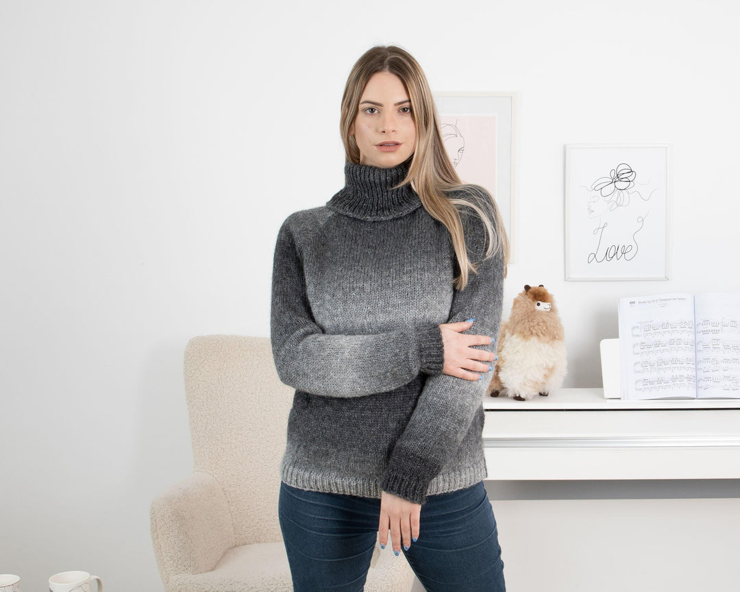 Superfine Alpaca Sweater, Hand Knitted Soft Lightweight Pullover, Warm Natural Wool Jumper T1333