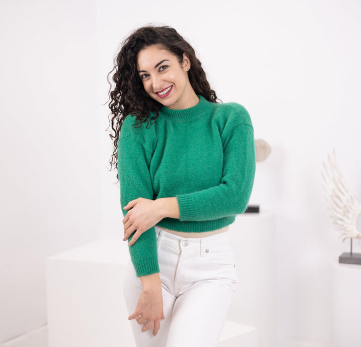 Green Alpaca Sweater, Hand-Knitted Merino Wool Jumper T1559