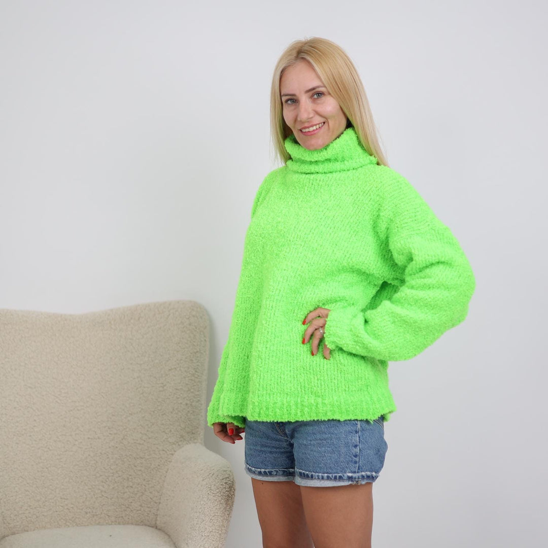 Neon Green Alpaca Sweater, Hand-Knitted Elastic Bouclé Yarn Fuzzy Pullover T1904
