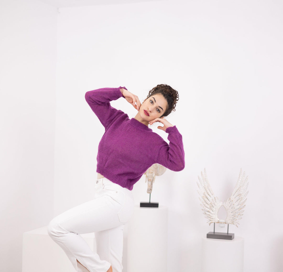 Hand Knit Baby Alpaca Cropped Sweater, Magenta Merino Wool T1560