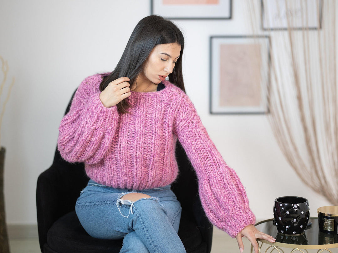 Short Alpaca Sweater, Hand Knitted Extra Fine Cropped Pullover, Soft Lightweight Wool Jumper T1155