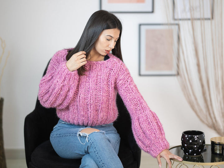 Short Alpaca Sweater, Hand Knitted Extra Fine Cropped Pullover, Soft Lightweight Wool Jumper T1155