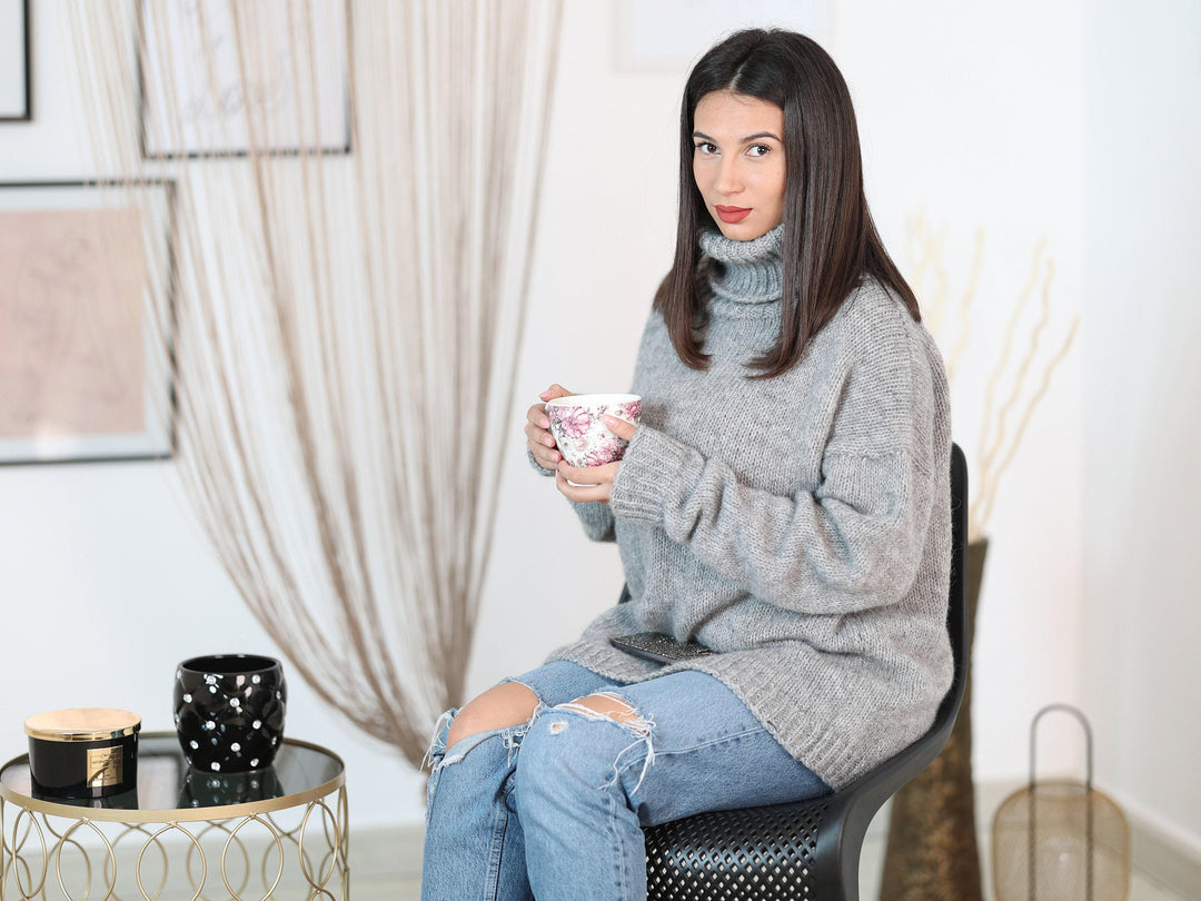 6-Strand Alpaca and Merino Wool Sweater, Hand Knitted Soft Jumper, Lightweight Warm Pullover T1161