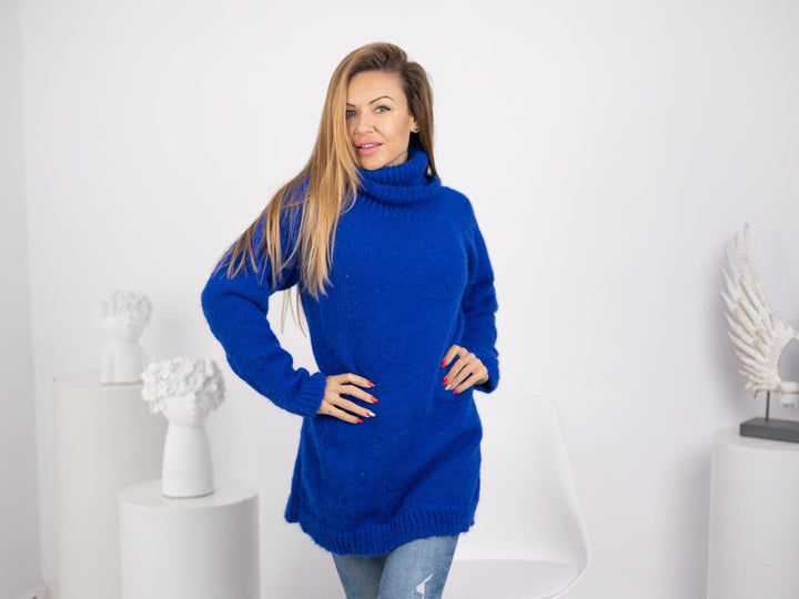 Blue Suri Alpaca Sweater, Hand Knitted Fuzzy Jumper, Soft Long Haired Fluffy Pullover T1748