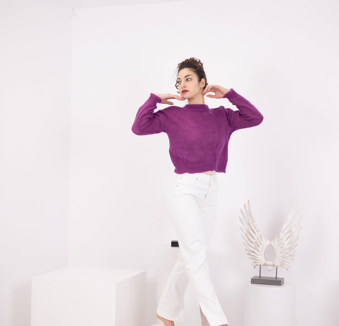 Hand Knit Baby Alpaca Cropped Sweater, Magenta Merino Wool T1560