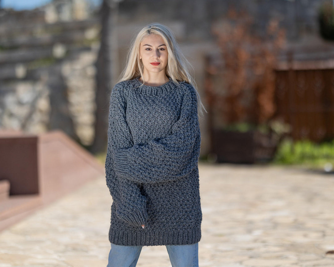 Extra Fine Alpaca and Lambswool Sweater, Hand Knitted Gray Rice Stitch Jumper, T1428