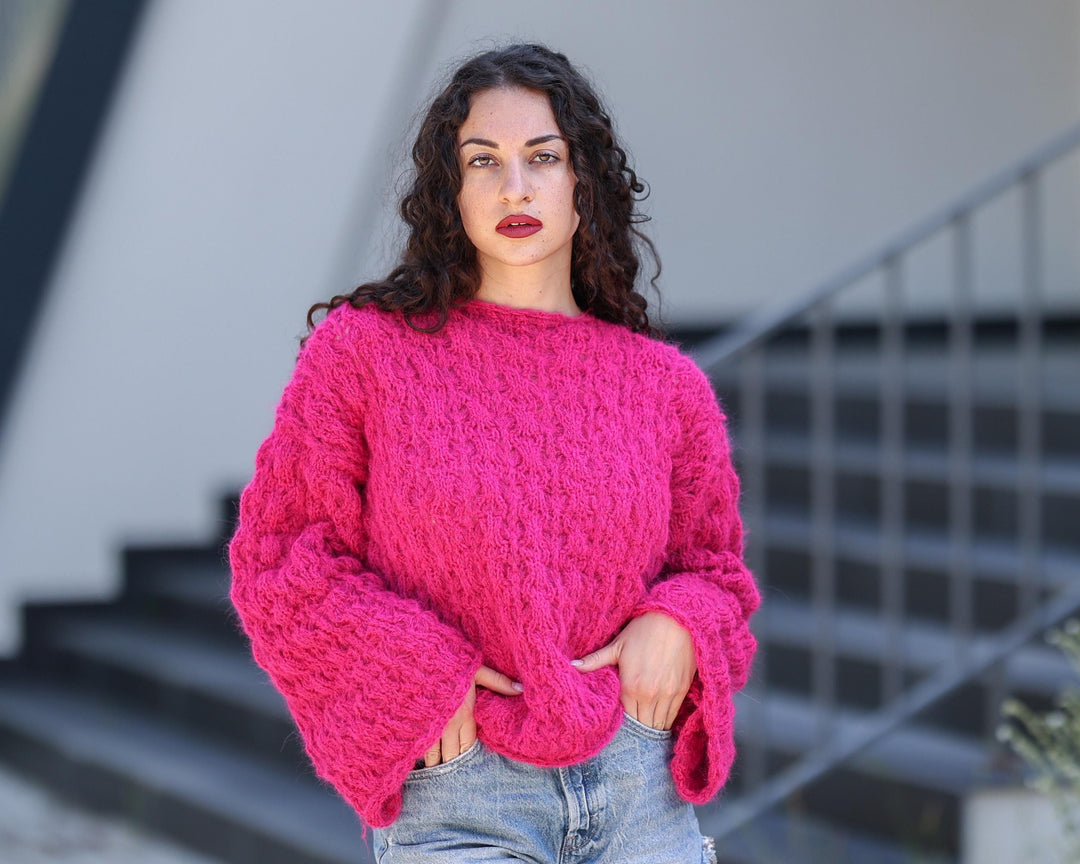 Pink Lace Sweater, Hand Knitted Alpaca Merino Pullover with Bell Sleeves T1777