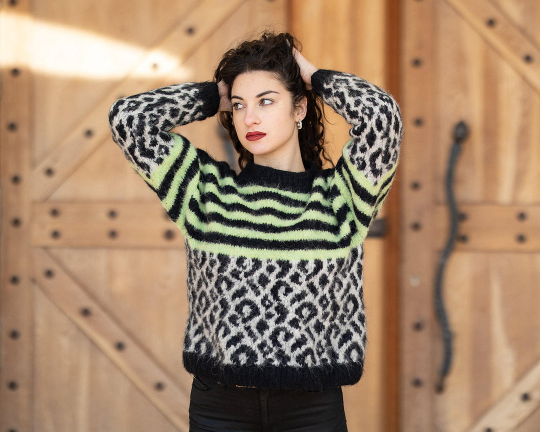 Alpaca and Merino Wool Sweater, Hand Knitted Leopard Print Jumper T1063