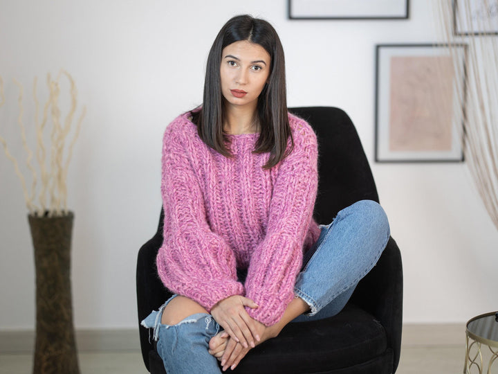 Short Alpaca Sweater, Hand Knitted Extra Fine Cropped Pullover, Soft Lightweight Wool Jumper T1155