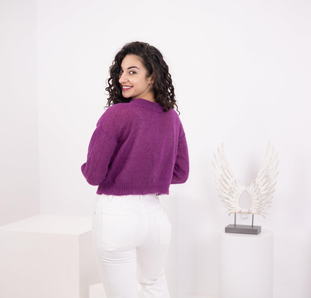 Hand Knit Baby Alpaca Cropped Sweater, Magenta Merino Wool T1560