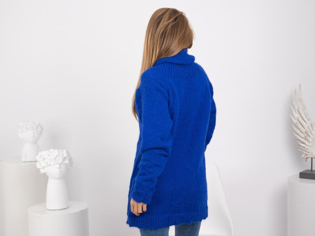 Blue Suri Alpaca Sweater, Hand Knitted Fuzzy Jumper, Soft Long Haired Fluffy Pullover T1748
