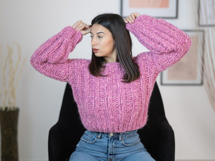 Short Alpaca Sweater, Hand Knitted Extra Fine Cropped Pullover, Soft Lightweight Wool Jumper T1155