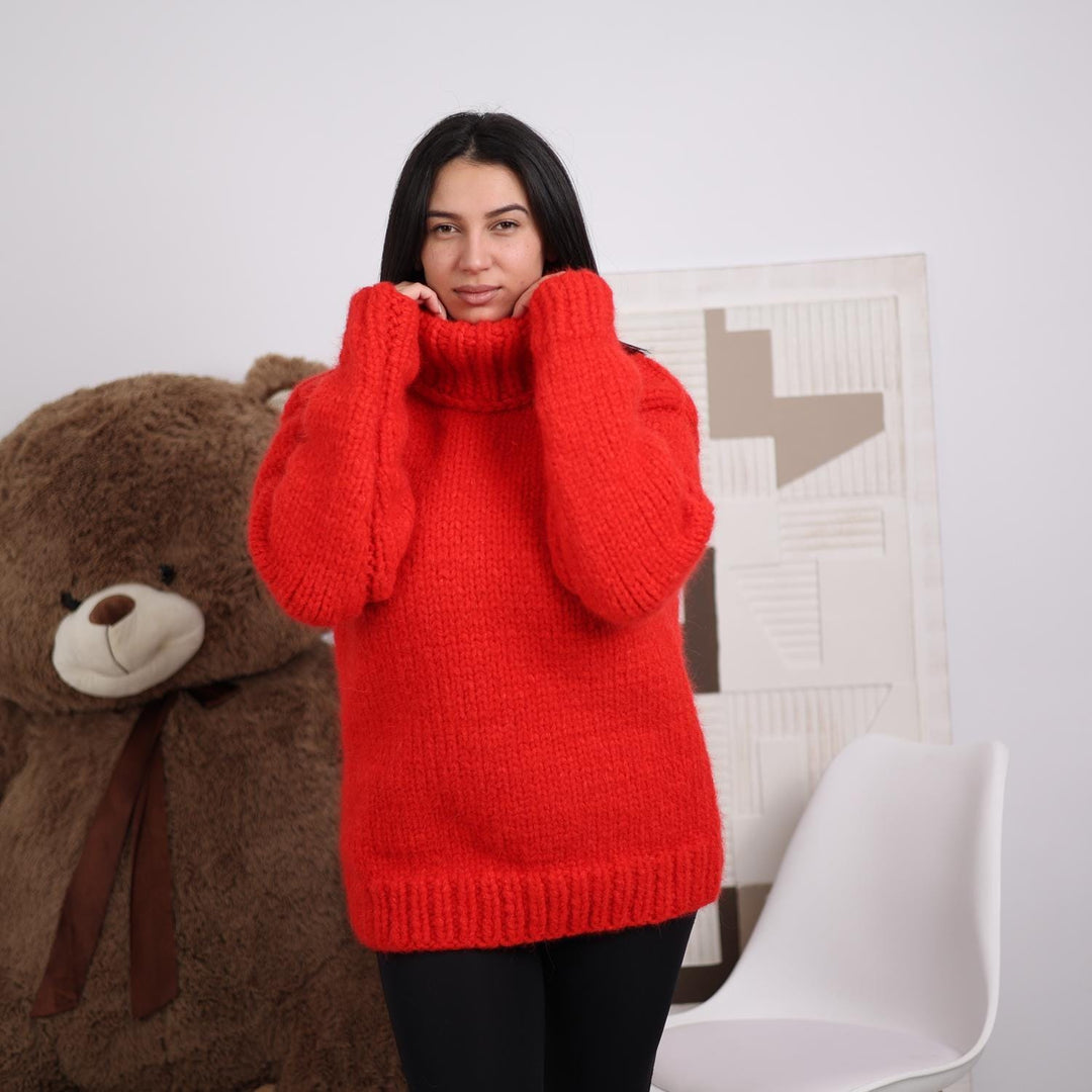 Chunky Red Alpaca Sweater, 20-Strand Hand Knitted Turtleneck, Fluffy Warm Winter Pullover T1832