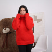 Grober roter Alpaka-Pullover, 20-fädiger handgestrickter Rollkragen, flauschiger warmer Winterpullover T1832