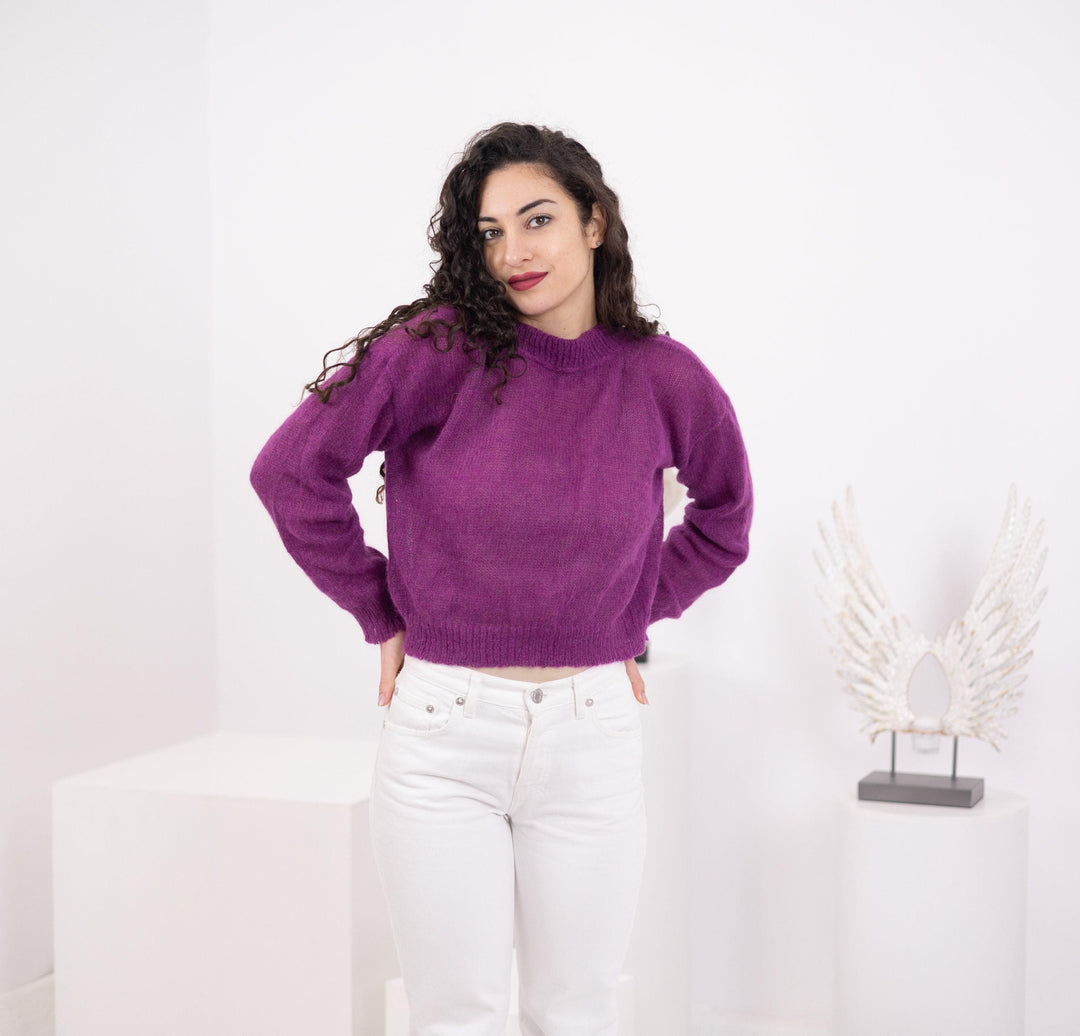Hand Knit Baby Alpaca Cropped Sweater, Magenta Merino Wool T1560