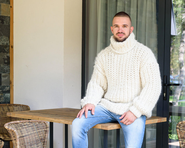 Hand Knit Alpaca Chunky Fisherman Rib Sweater, Oversized Jumper T887W