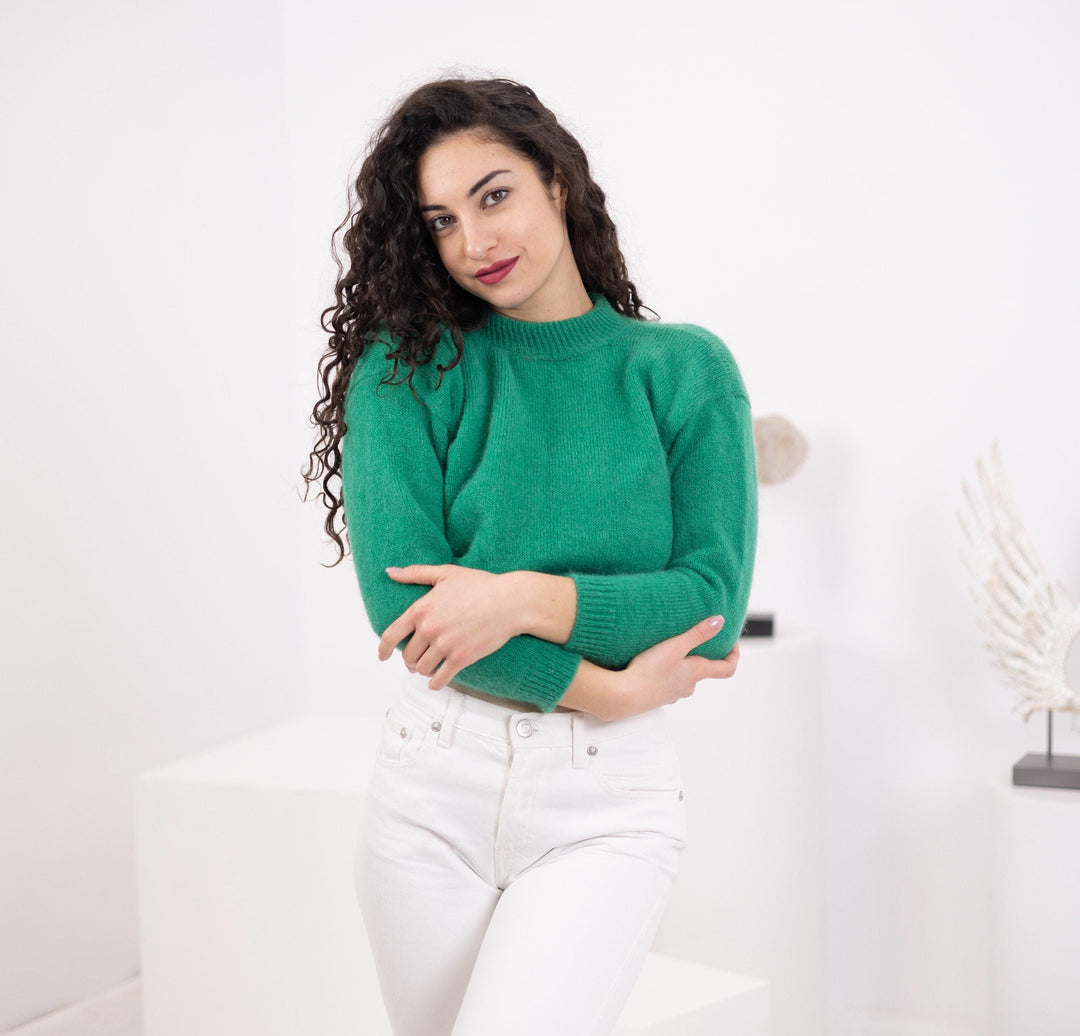 Green Alpaca Sweater, Hand-Knitted Merino Wool Jumper T1559