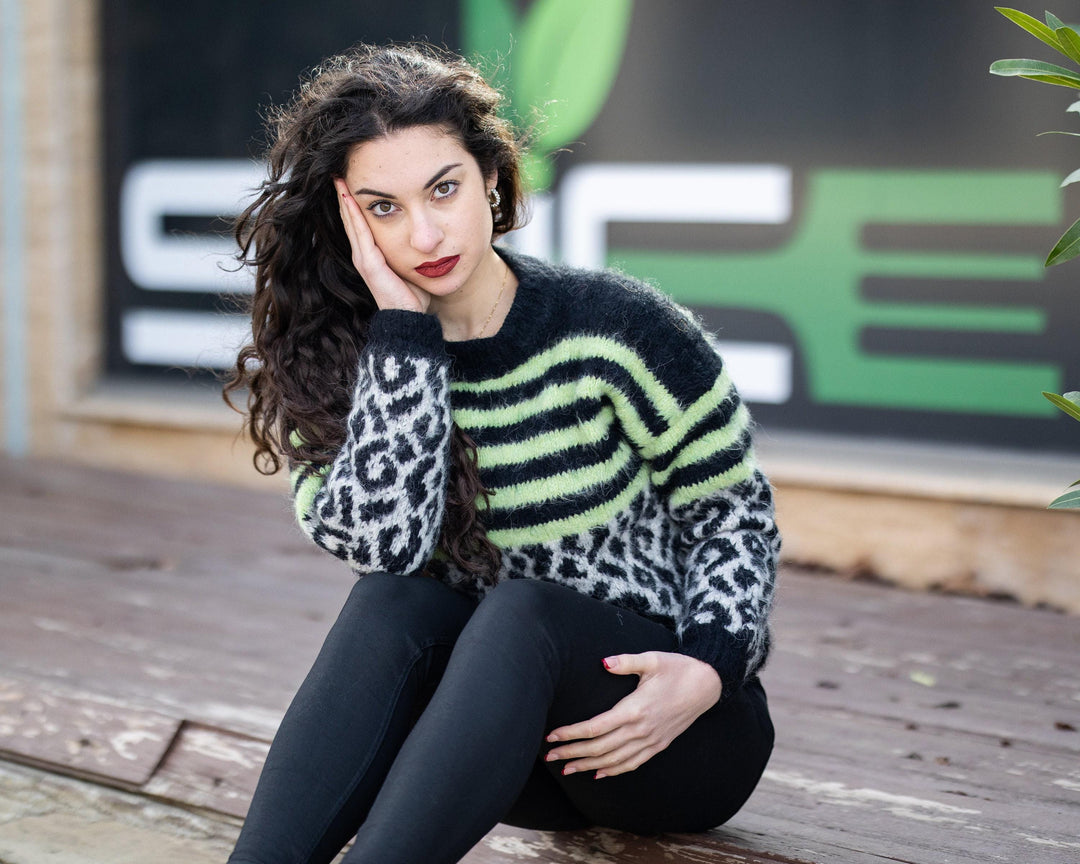 Alpaca and Merino Wool Sweater, Hand Knitted Leopard Print Jumper T1063