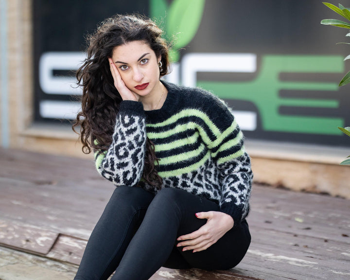 Alpaca and Merino Wool Sweater, Hand Knitted Leopard Print Jumper T1063