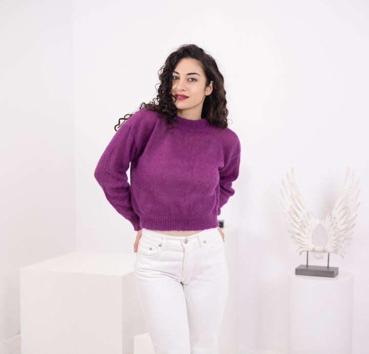 Hand Knit Baby Alpaca Cropped Sweater, Magenta Merino Wool T1560