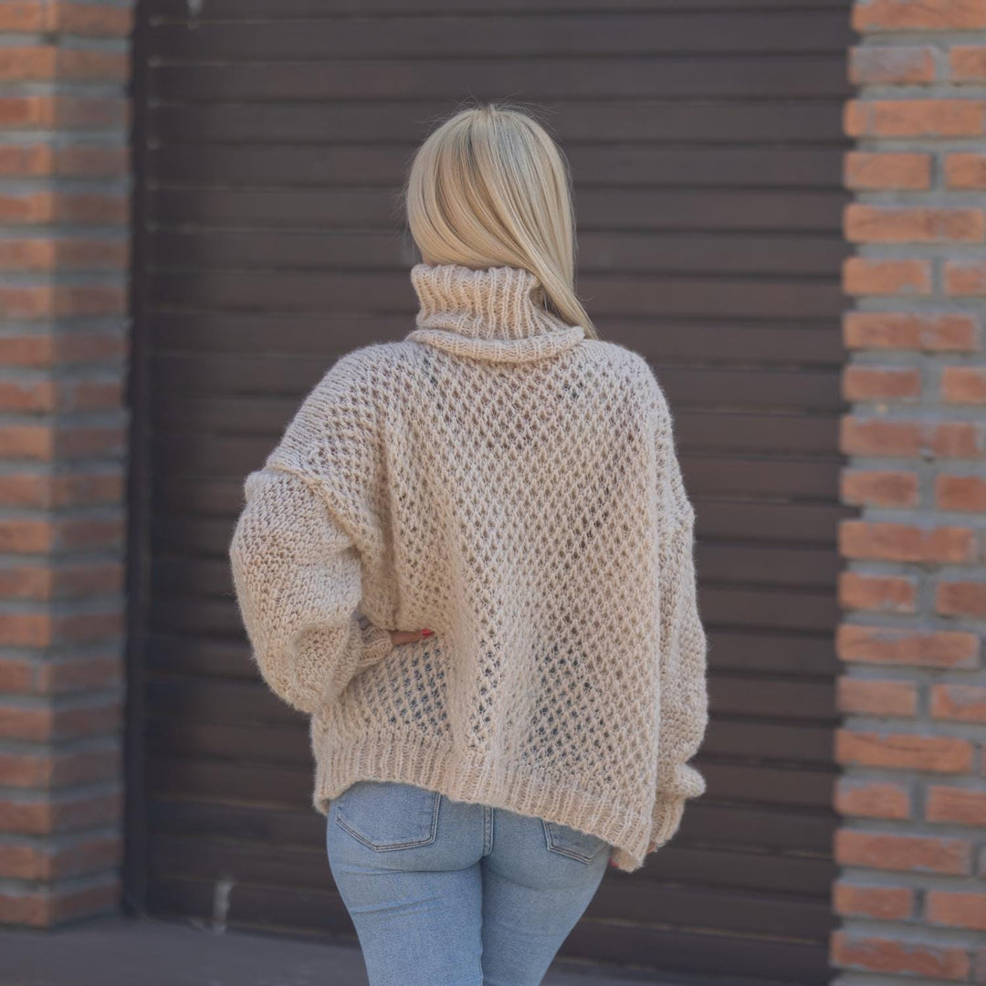 Lace Knit Alpaca Sweater, Hand Knitted Lightweight Loose Fit See-Through Jumper T1865