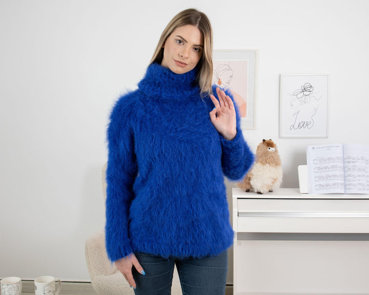 Hairy Suri Alpaca Sweater, Hand Knitted Fluffy Fuzzy Jumper T1326