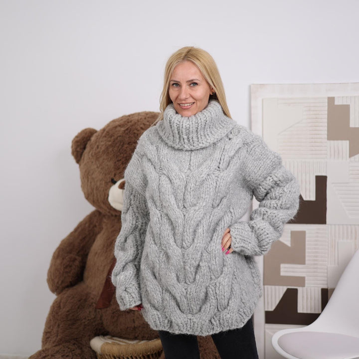 Hand Knitted 20-Strand Alpaca Sweater, Chunky Knit Turtleneck T1834