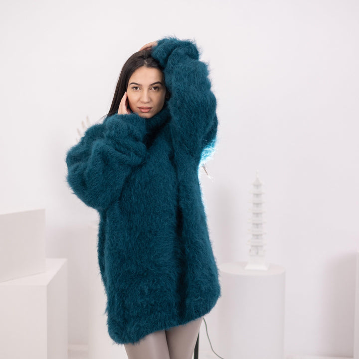 Brushed Suri Alpaca Sweater, Hand Knitted Fuzzy Blue Jumper, No Mohair Soft Pullover T1584