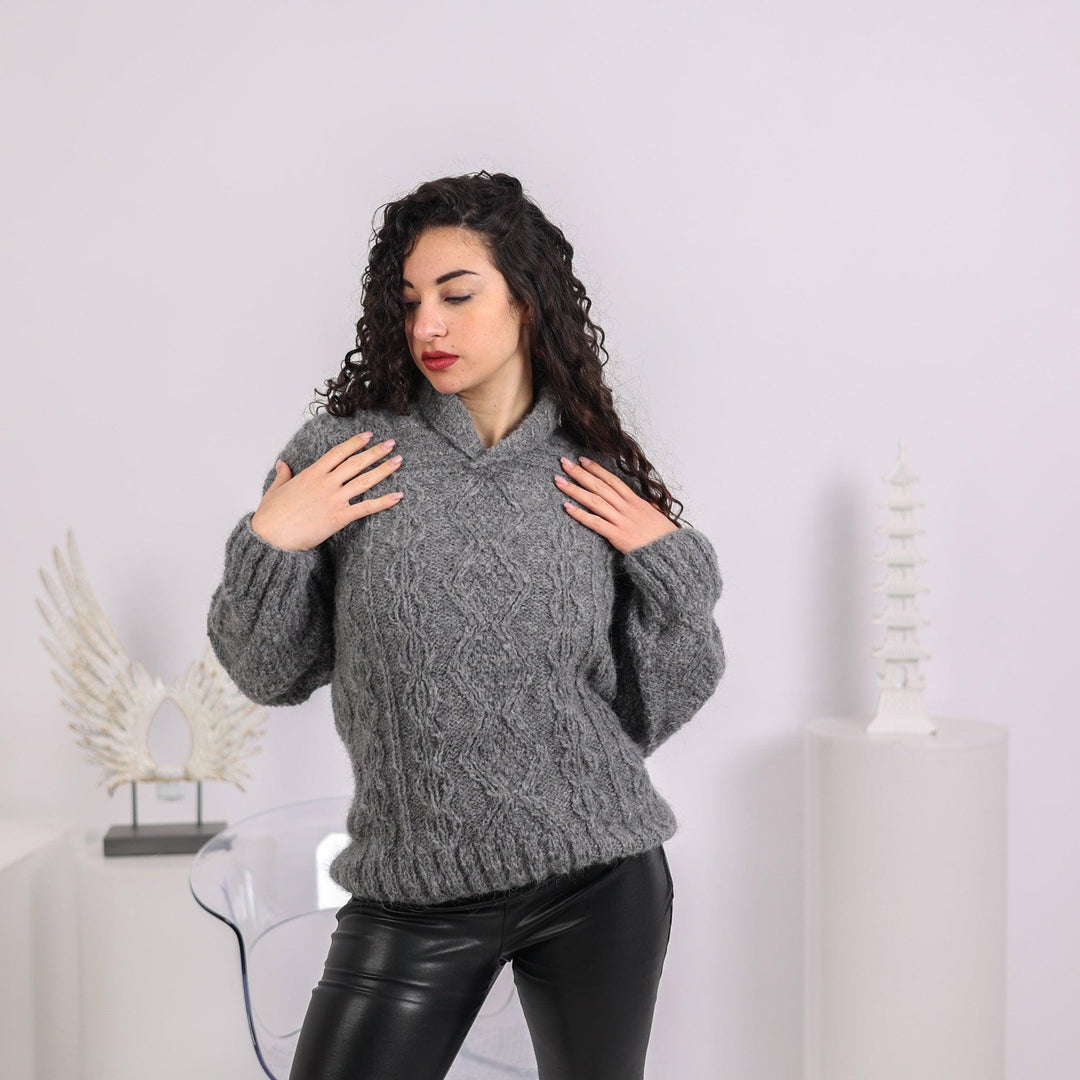 Cable Knit Alpaca Sweater: Shawl Neck Jumper T1640