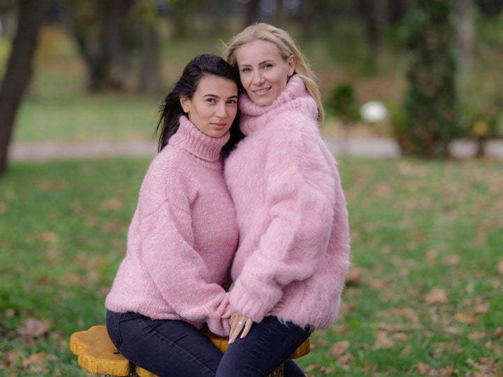 15-Strand Alpaca, Mohair and Merino Wool Sweater, Hand Knitted Brushed Pink Jumper  T1127