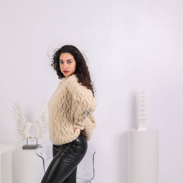 Hand Knitted Alpaca Cable Knit Sweater, Superfine Wool Jumper T1641