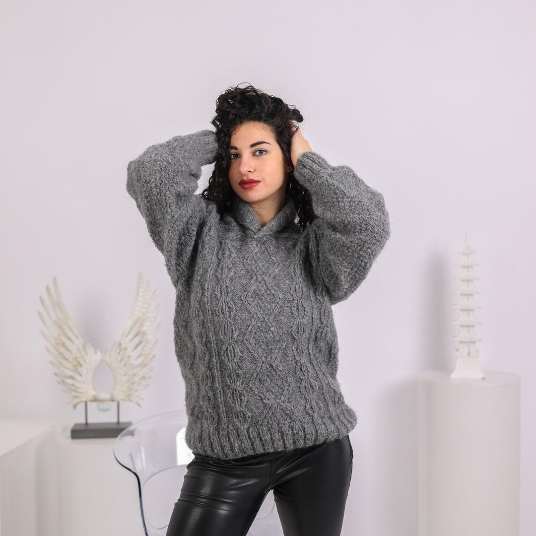 Cable Knit Alpaca Sweater: Shawl Neck Jumper T1640