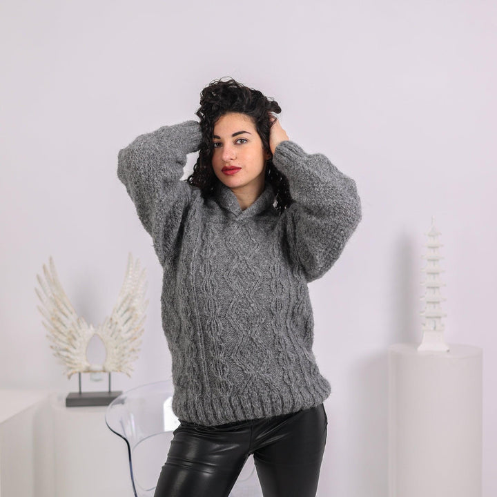 Cable Knit Alpaca Sweater: Shawl Neck Jumper T1640