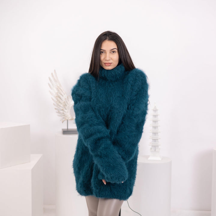 Brushed Suri Alpaca Sweater, Hand Knitted Fuzzy Blue Jumper, No Mohair Soft Pullover T1584
