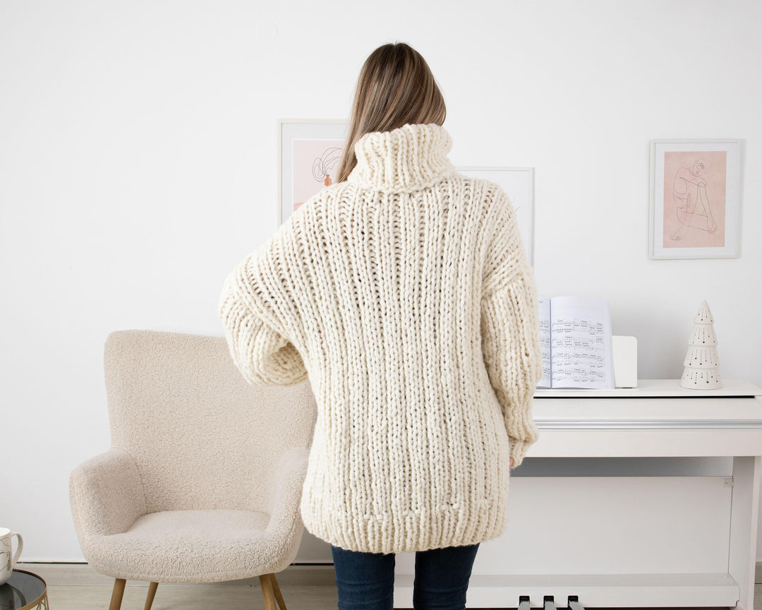 Hand Knit Chunky Baby Alpaca Sweater, Ribbed Winter Pullover T1340