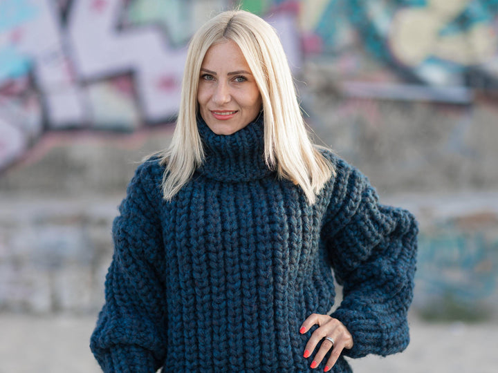 5-Strand Alpaca and Merino Wool Sweater, Hand Knitted English Rib Jumper  T1082