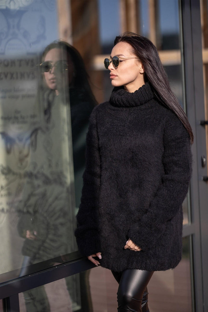 Fluffy Alpaca Sweater, Hand Knitted Brushed Black Jumper, Soft Warm Pullover T1183
