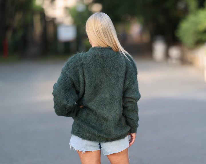 Green Suri Alpaca Sweater,  Soft Long Haired Wool Jumper T1446