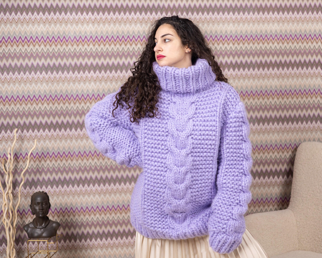 25-Strand Alpaca and Merino Wool Sweater, Hand Knitted Lavender Extra Chunky Fluffy Jumper T1549